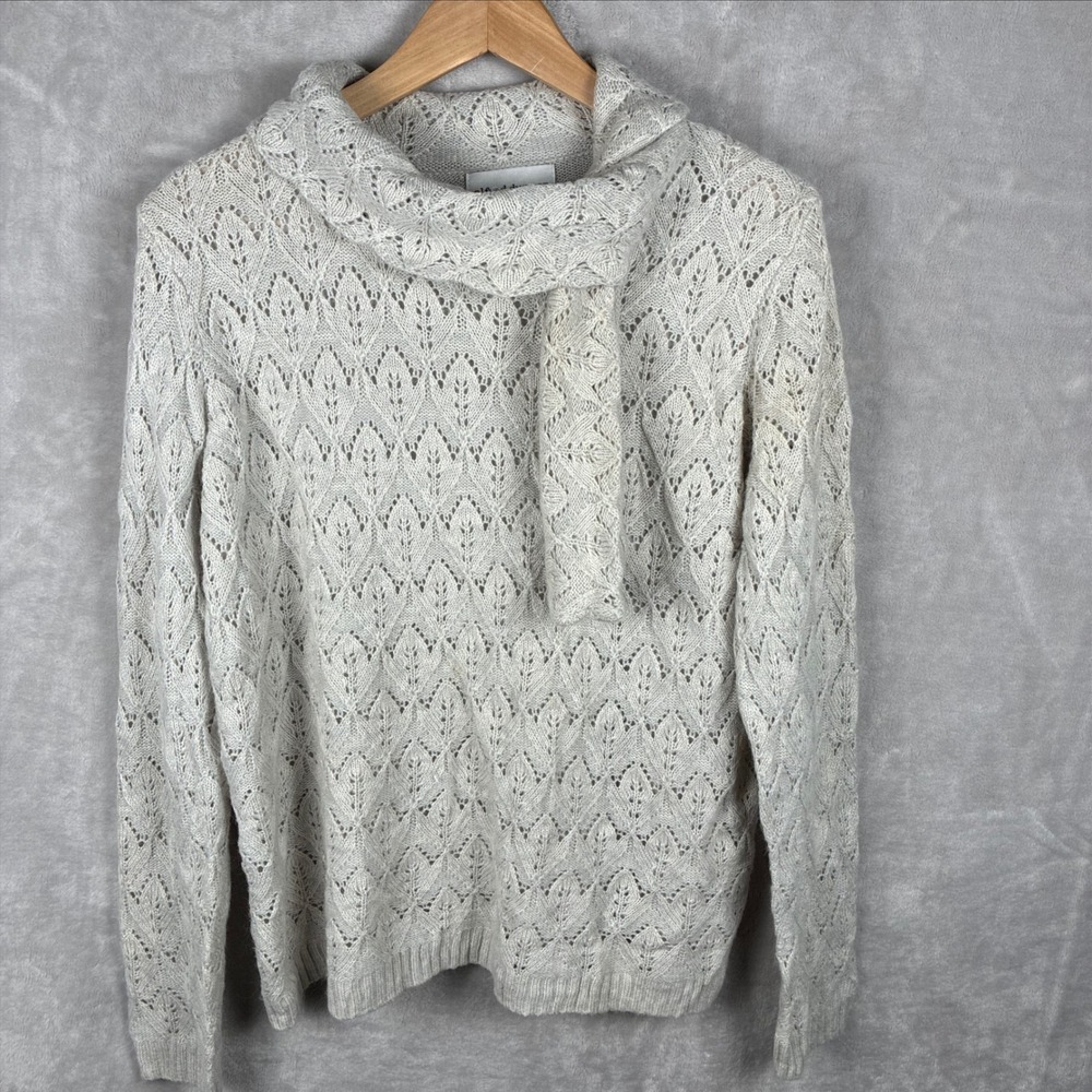 Alfred Dunner Womens Medium Oatmeal Pointelle Knit Scarf Cowl Neck Sweater Beige